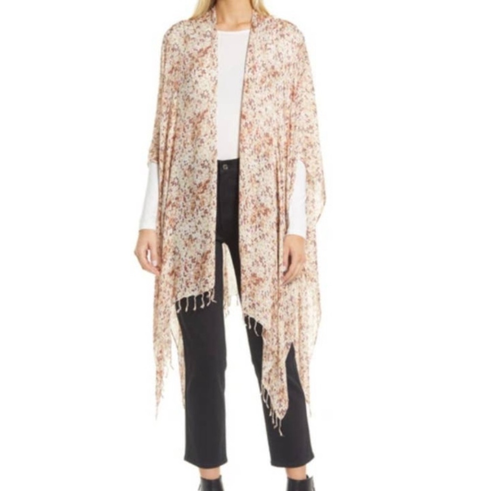 Rebecca Minkoff Delicate Blossom Fringed Ruana‎ In Ivory Floral Kimono OS